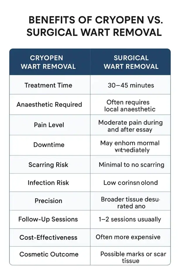 Table showing the benefits of cryopen to remove warts Ramsgate compared to surgical treatment